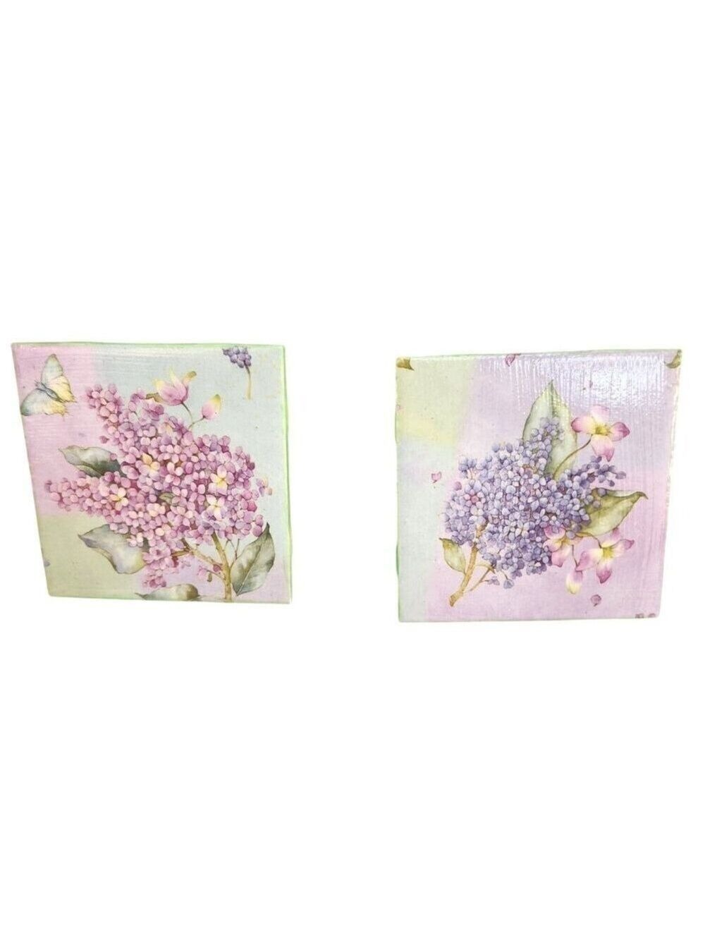 Floral Ceramic Coasters Set of 2 Purple Pink Hydrangea Butterfly
